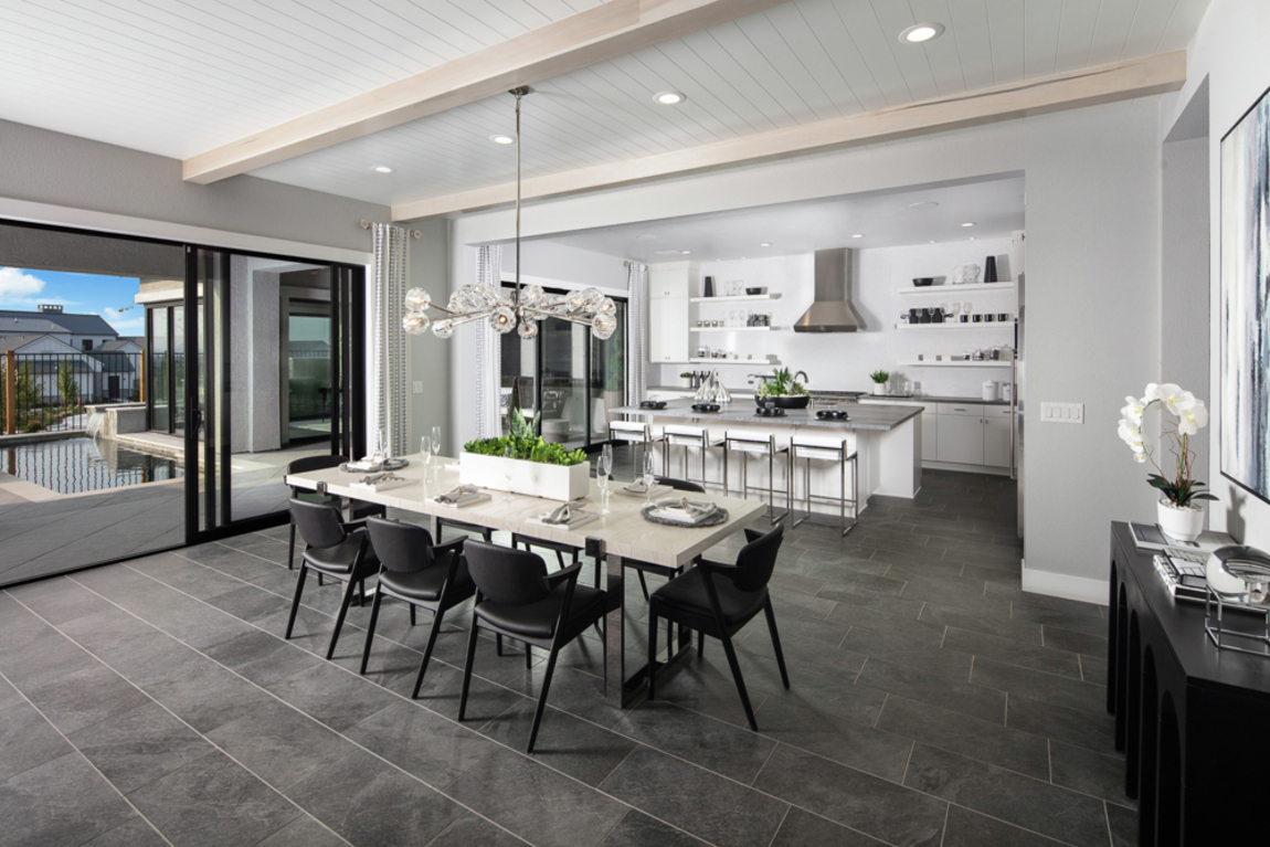 Modern dining space and kitchen that implement fresh interior design trends