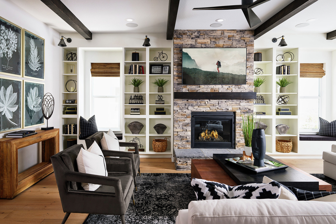 black wood beam ceilings in great room