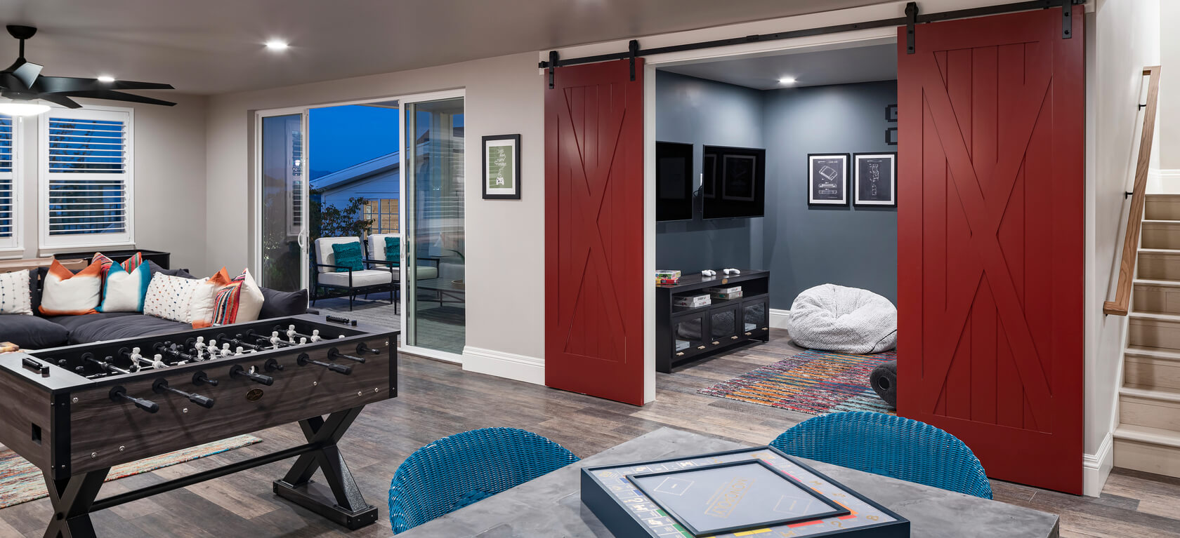 Game room with barn door