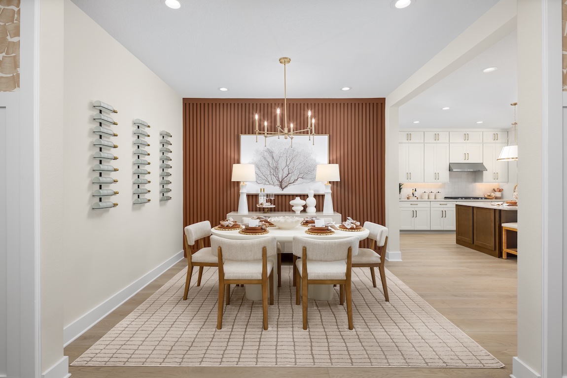 modern dining room with brown accent wall