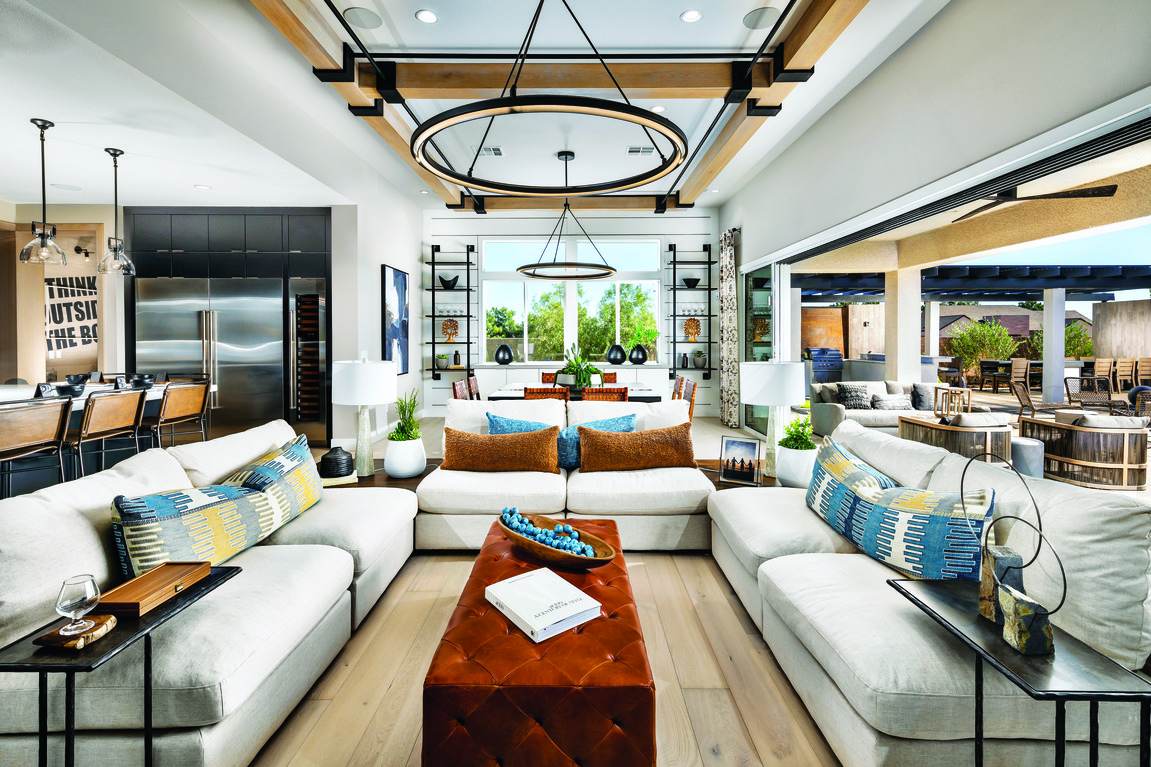 Living room with contemporary design, white couch and open floor plan