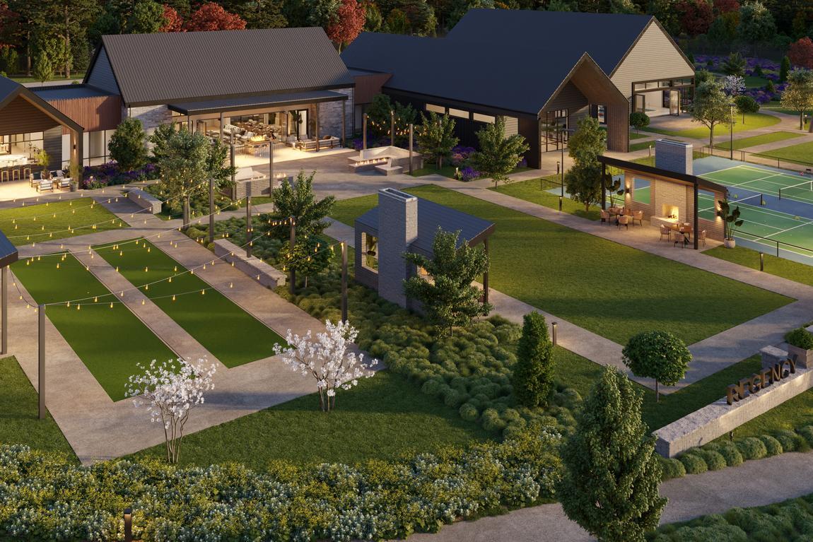 Ten Trails community clubhouse with tennis courts and bocce court. 
