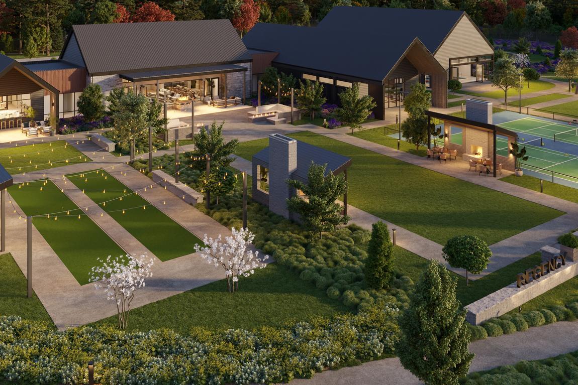 Ten Trails community clubhouse with tennis courts and bocce court.