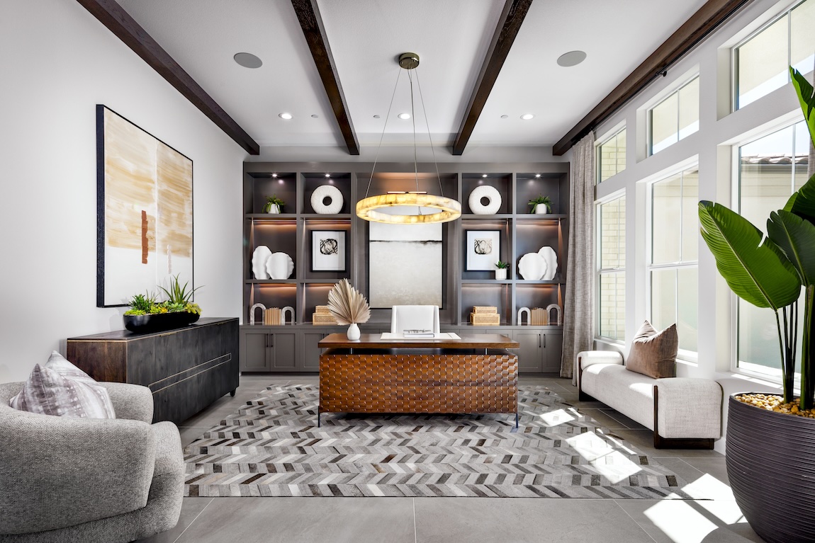 home office with creative patterns and textures throughout the space