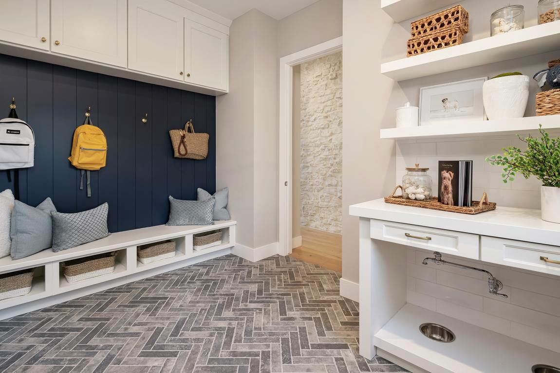 modern mudroom with storage and innovative pet space