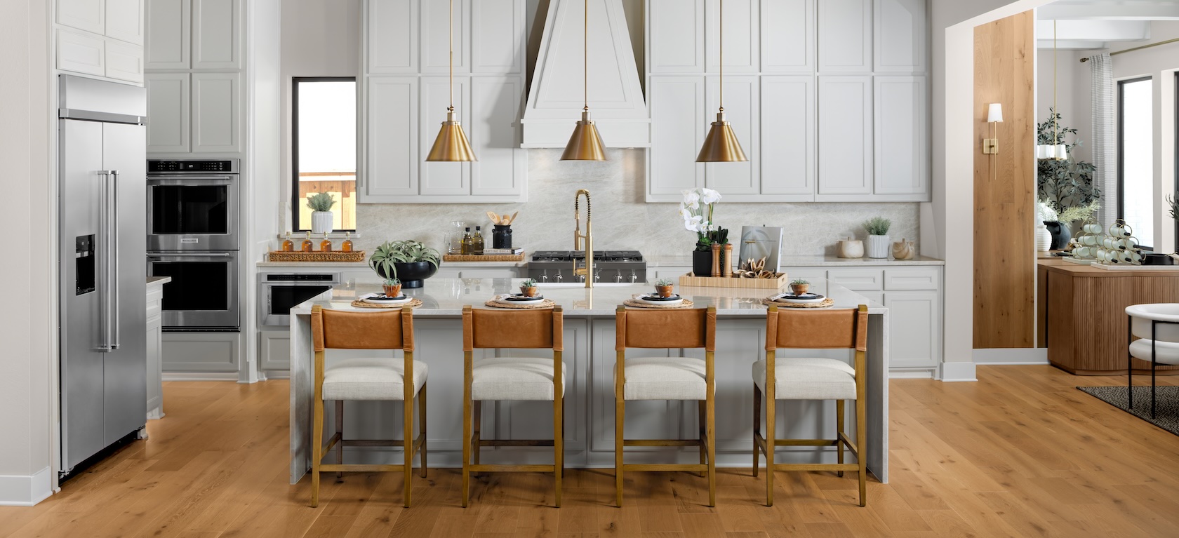 modern kitchen with wooden stools