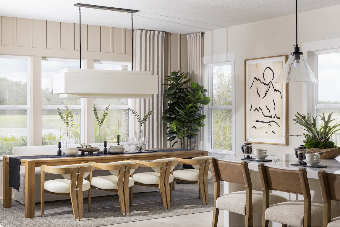 modern farmhouse dining room with wooden table and chairs