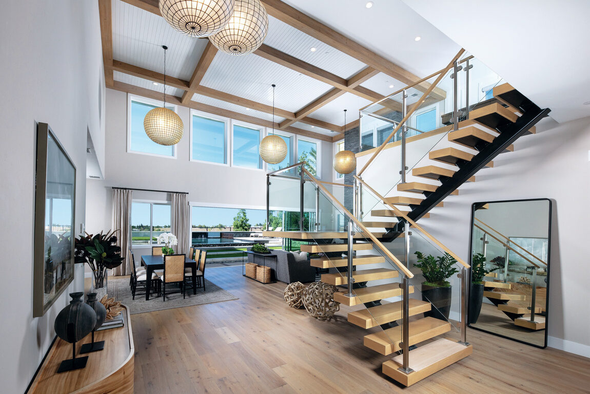 floating staircase design within great room