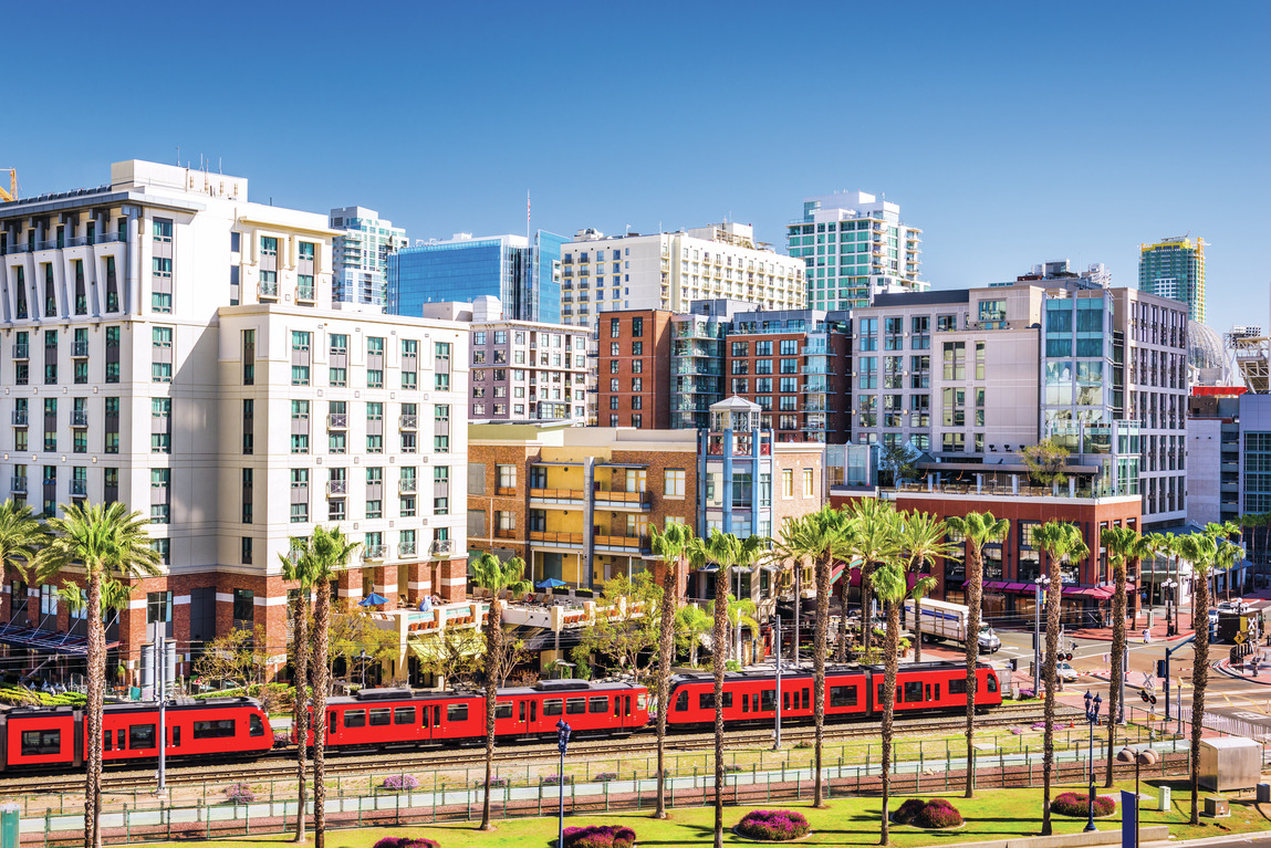 San Diego city with train passing by