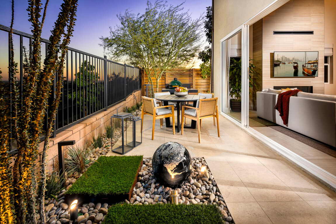 Sunlit luxury covered patio with dining area