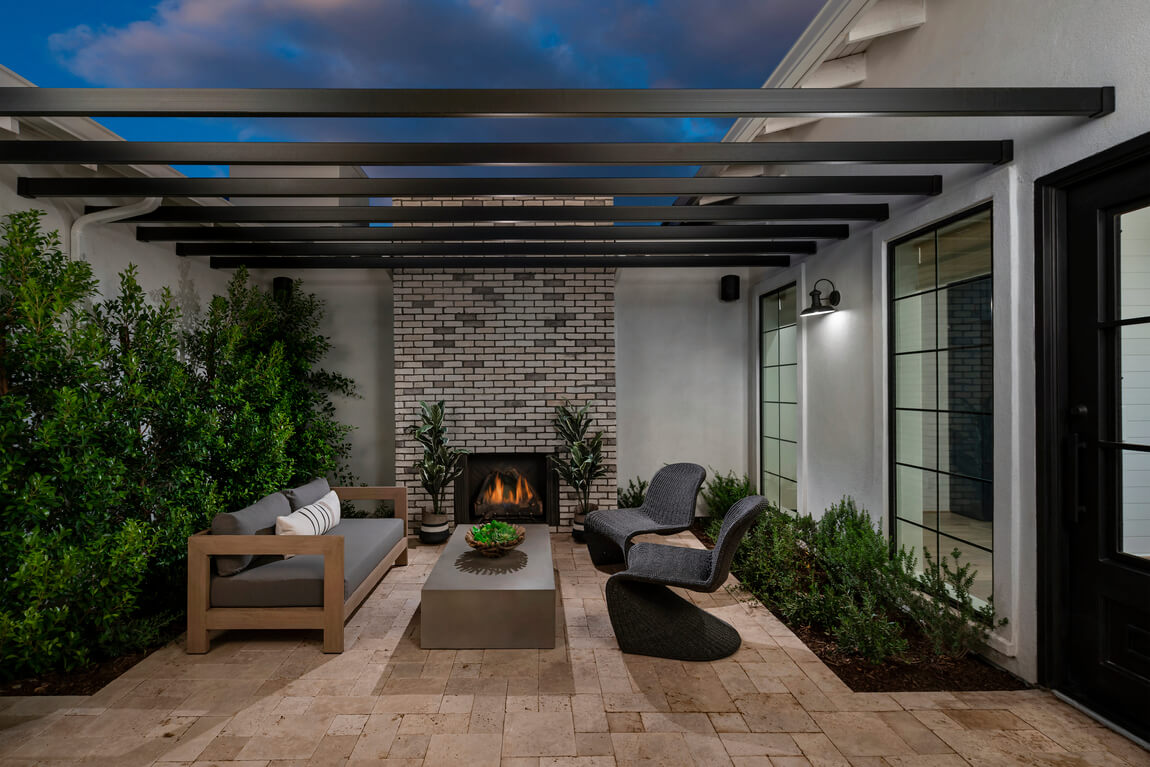 Luxury outdoor courtyard with fireplace