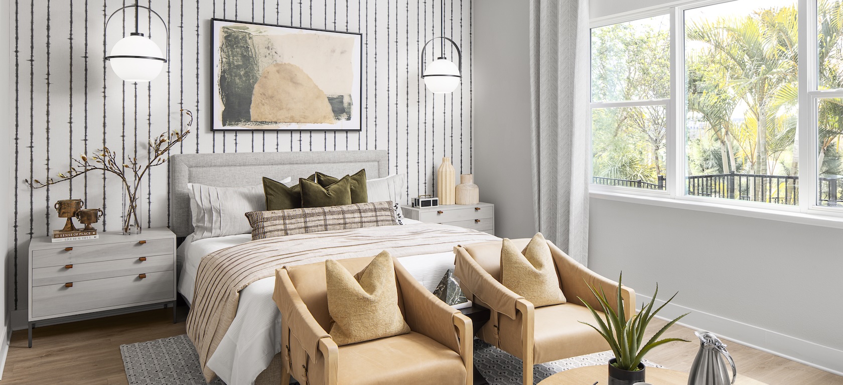 bedroom with striped wallpaper