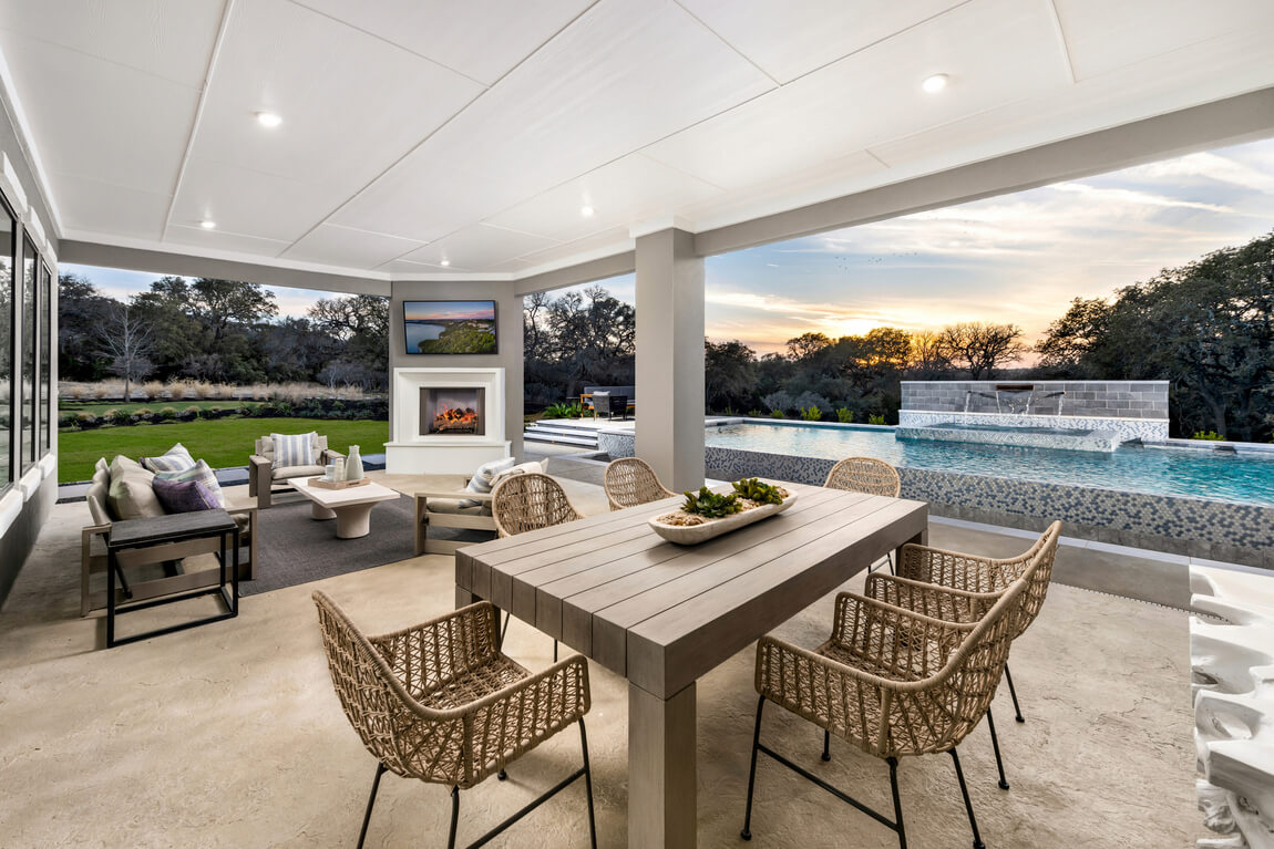 Indoor outdoor patio design with a modern pool 