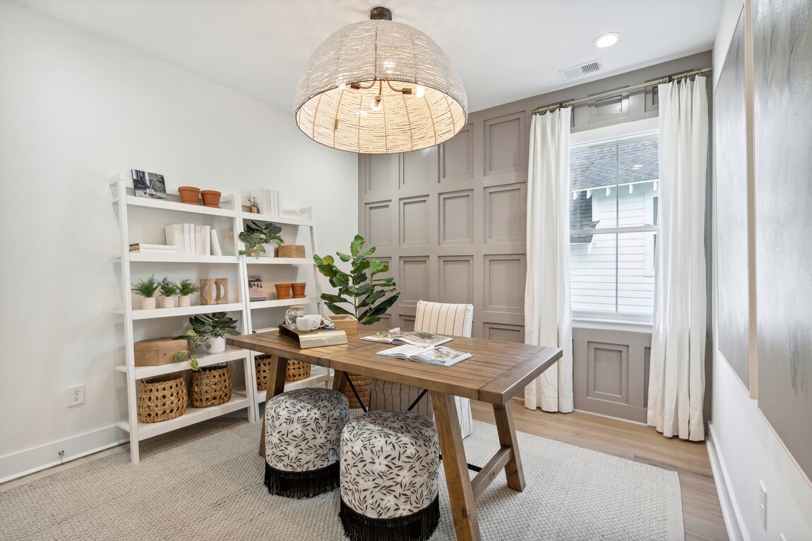 Home office with central overhead chandelier design