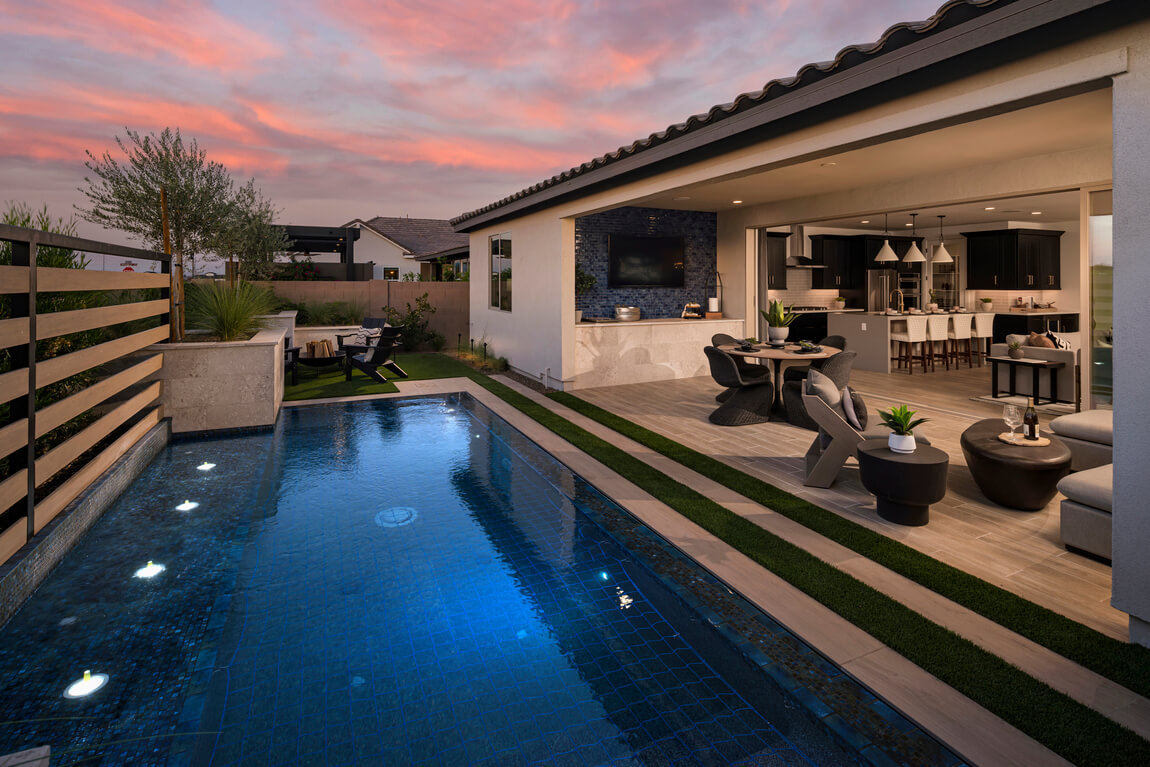 Covered patio with luxury dining decor and outdoor fire pit