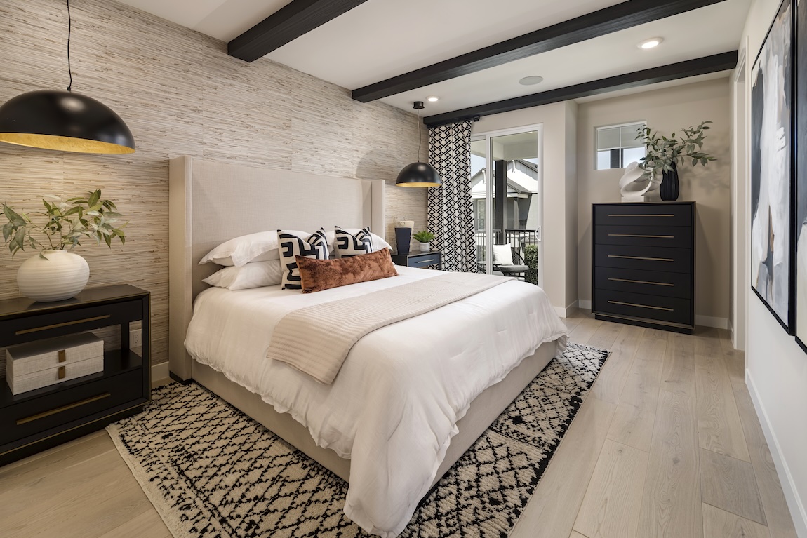 modern farmhouse bedroom with simple accent wallpaper