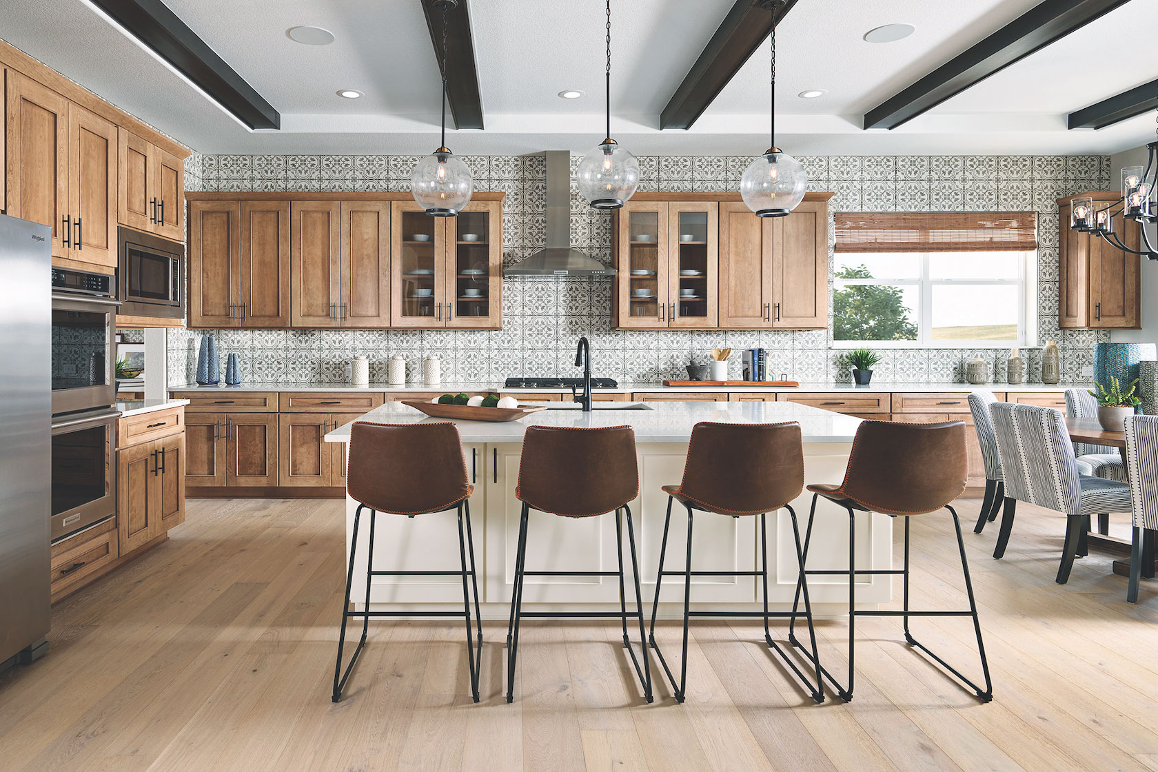 Kitchen with wood beams and wood natural tones