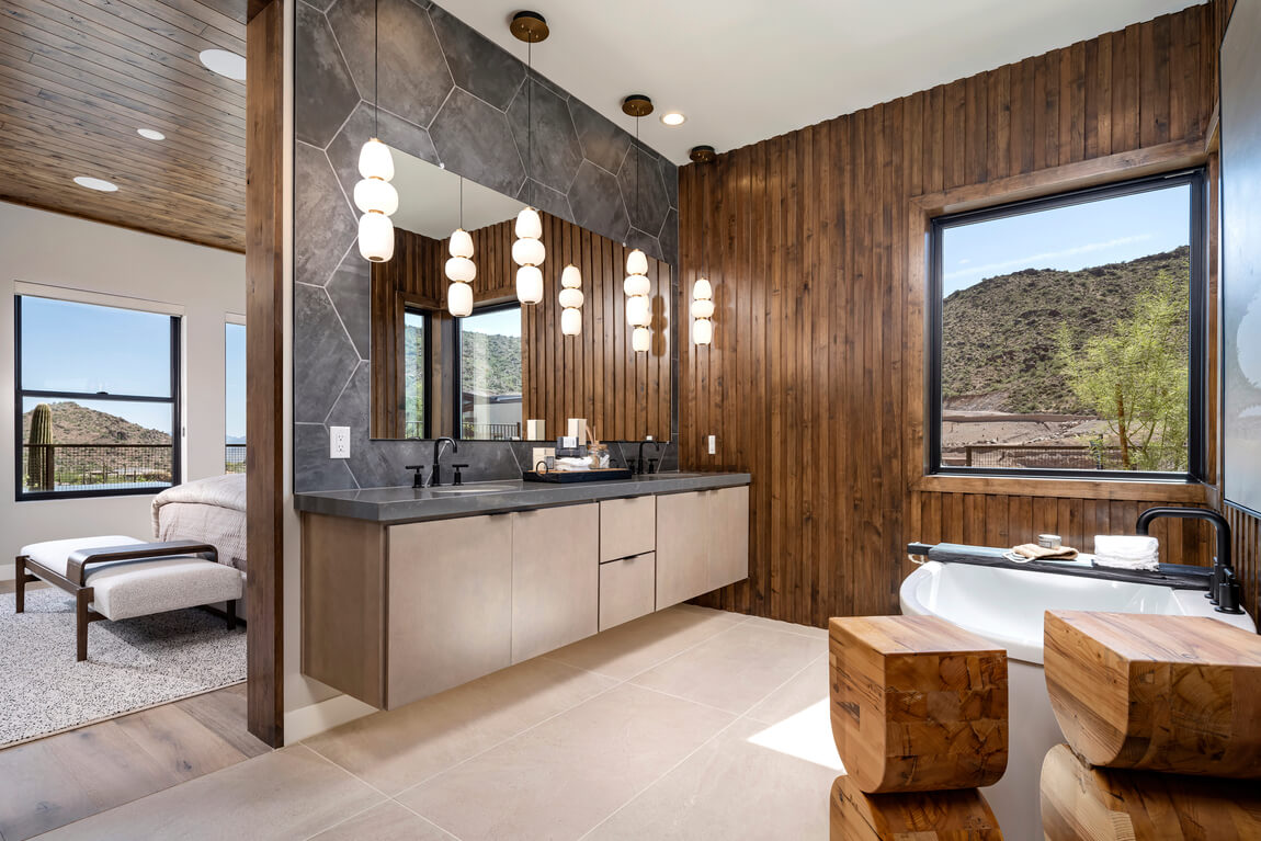 Natural bathroom design highlighted by use of wood and stone textures