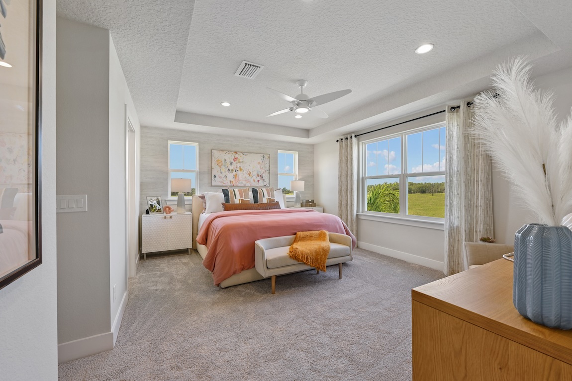 Cozy bedroom design with carpet, tray ceiling, and ample natural lighting