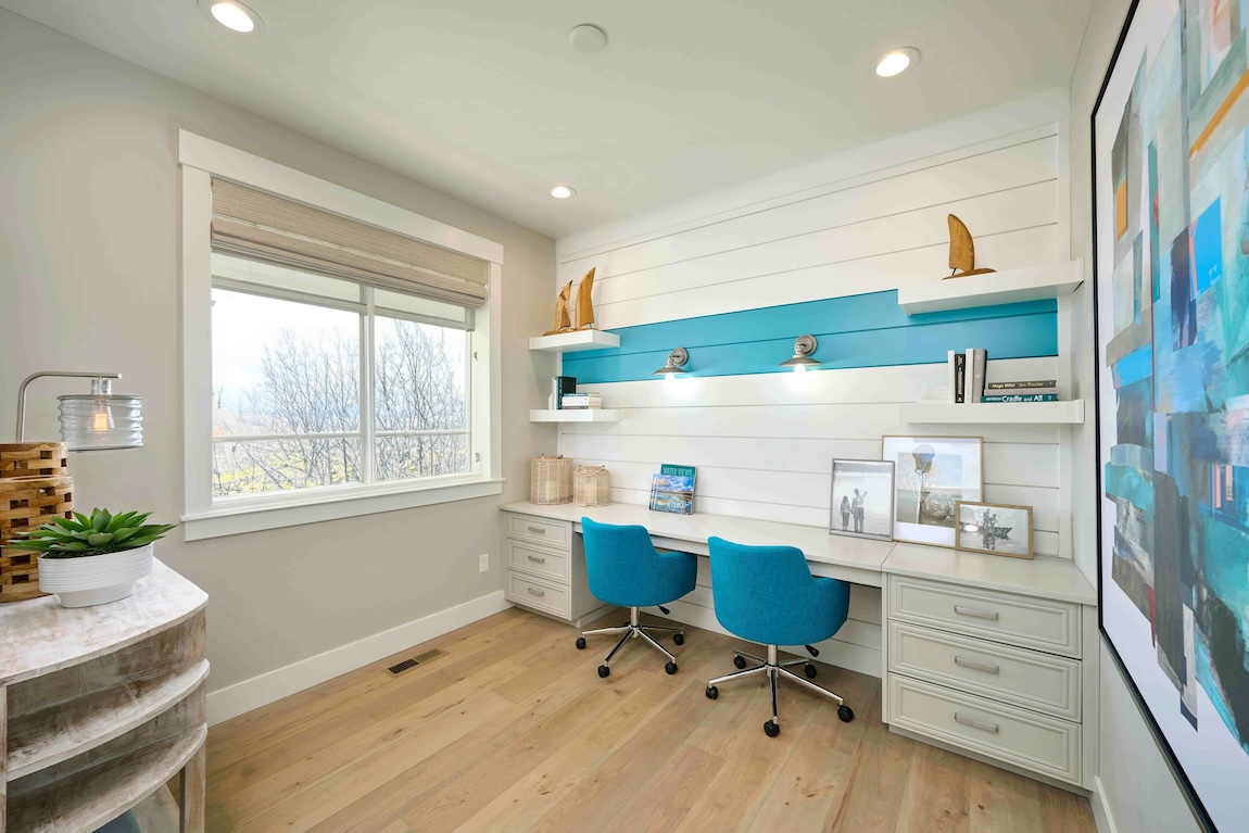 Modern flex room with family workstation and blue and white shiplap walls