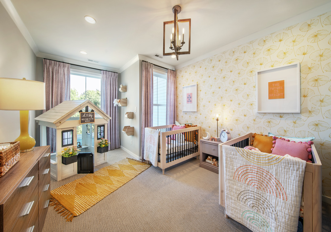 Cheerful nursery with energetic colors and a charming playhouse