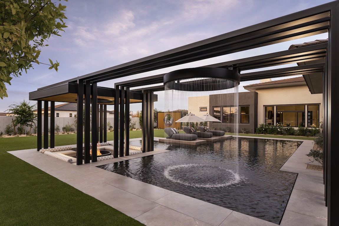 Luxury backyard with modern pergola over a sleek pool featuring a circular rainfall water feature, sunken fire pit lounge, and contemporary outdoor seating