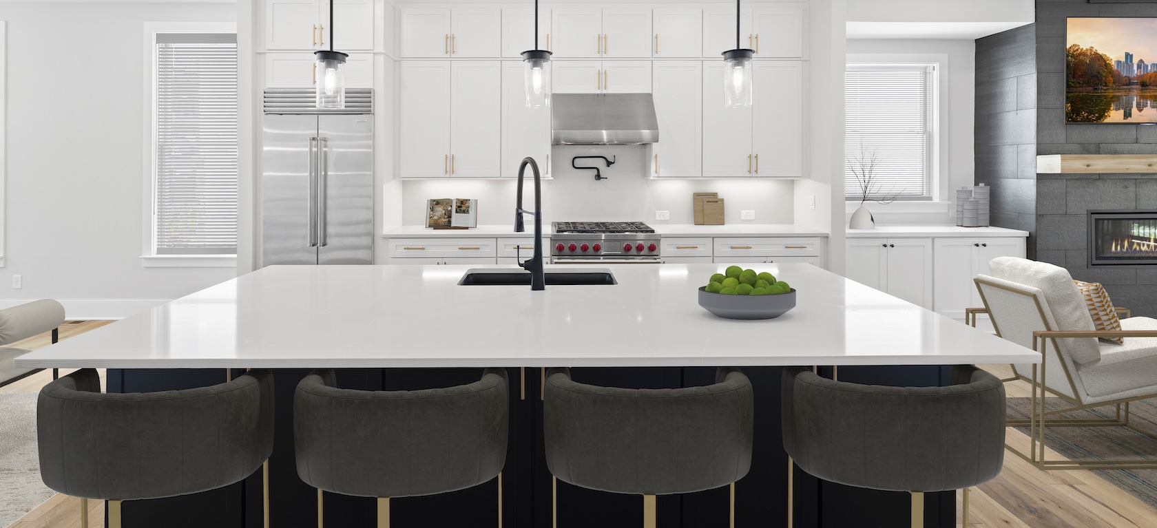 modern kitchen island white seating and lighting.
