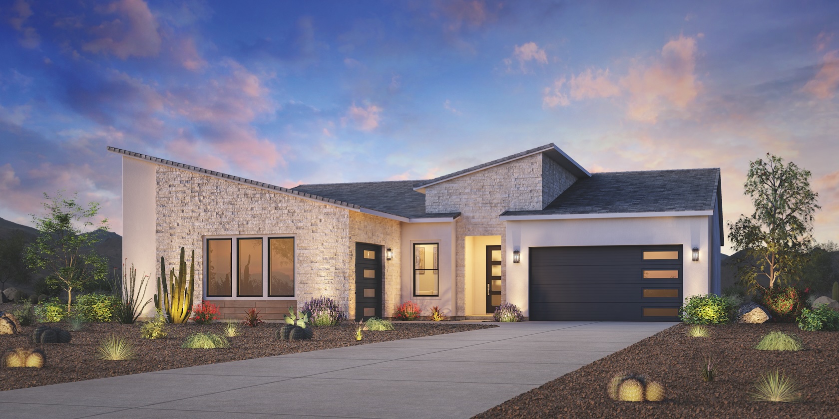 exterior of modern home with large windows.