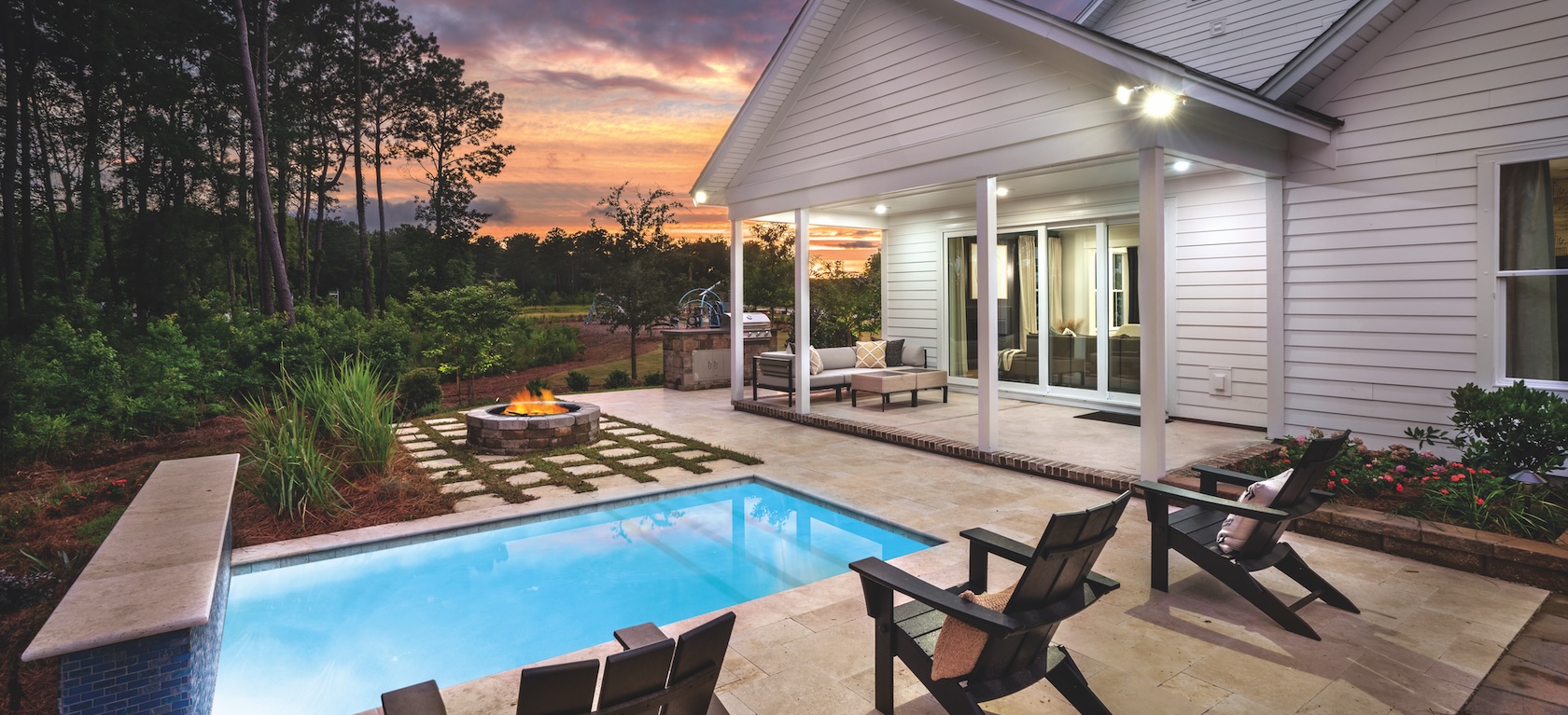 outdoor living space with pool and fireplace.