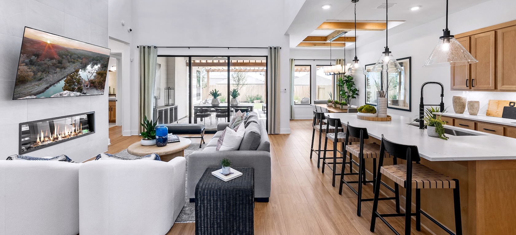 modern farmhouse living room and kitchen