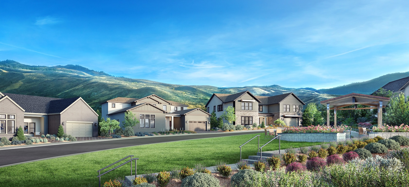 exterior of homes with mountains in the back