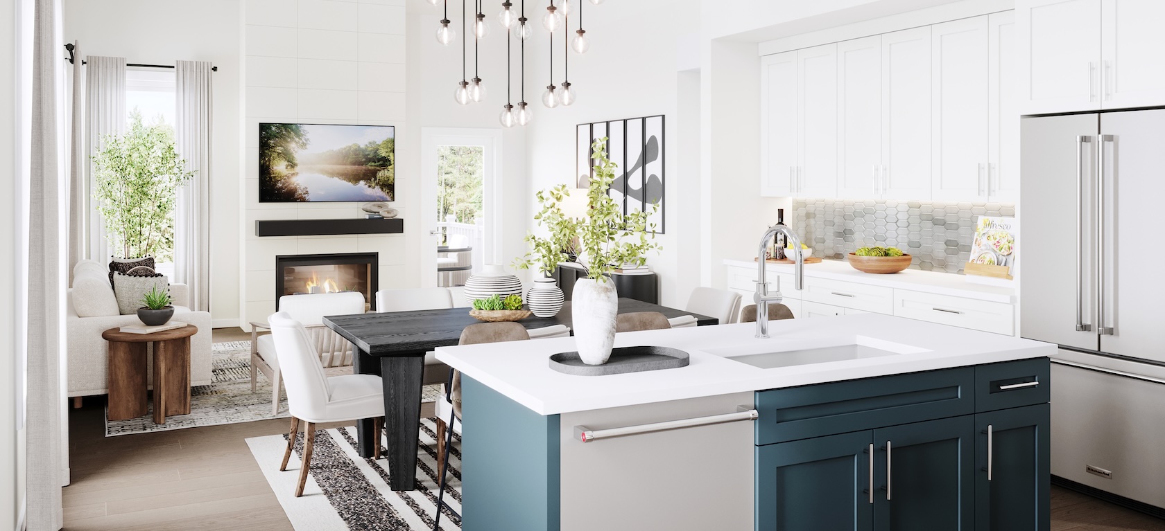 modern kitchen with open-concept floor plan to the dining and living areas
