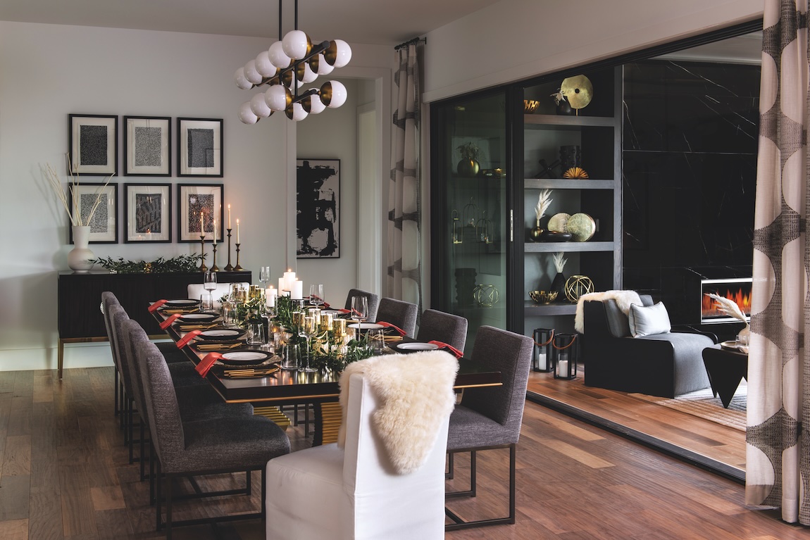 Festive dining room with outdoor transition to patio